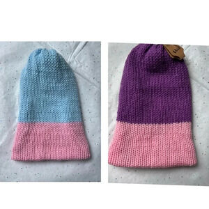 Womens‎ Handmade Crochet Knitted Acrylic Reversible Purple Pink Blue Beanie Hat